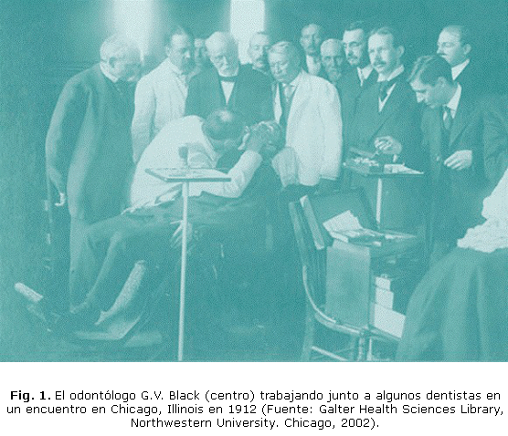 Fig. 1. El odontólogo G.V. Black (centro) trabajando junto a algunos dentistas en un encuentro en Chicago, Illinois en 1912 (Fuente: Galter Health Sciences Library, Northwestern University. Chicago, 2002).