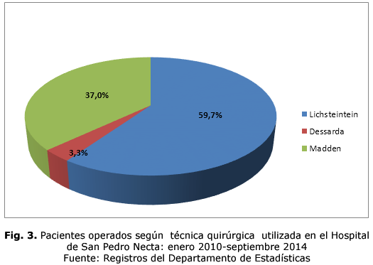 Fig. 3. Pacientes operados según técnica quirúrgica utilizada en el Hospital de San Pedro Necta: enero 2010-septiembre 2014